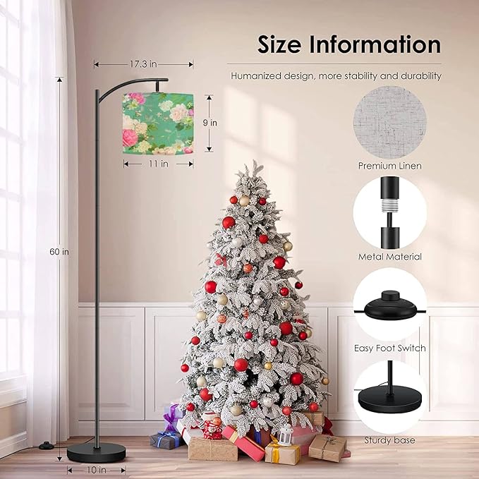 Modern Arc Floor Lamp with Dimmer Mid Century Beautiful Seamless Spring Roses Peony Orchid Succulents Metal Standing Lamp with Linen Shade Footswitch for Living Room Bedroom Office - LeafyLoom