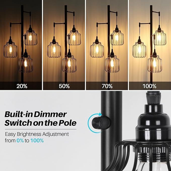 Dimmable Floor Lamp with 3 x 800LM LED Edison Bulbs,Tall Standing Lamp for Living Room,Farmhouse Black Corner Floor Lamp,Bright Industrial Rustic Vintage Tree Pole Light with Cage for Bedroom Office - LeafyLoom