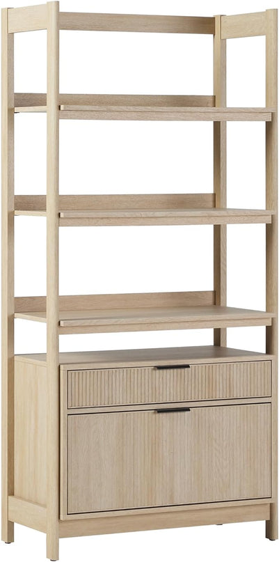Walker Edison Modern Reeded 4-Shelf Bookshelf Bottom, 33 Inch, Two-Drawer Coastal Oak - LeafyLoom