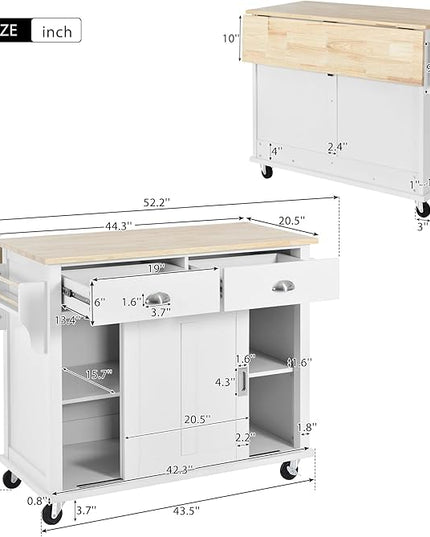 Kitchen Cart with Rubber Wood Drop-Leaf Countertop and Sliding Barn Door, Rolling Mobile Kitchens Island on Wheels w/Storage and Towel Rack for Dining Room Kitchen - LeafyLoom