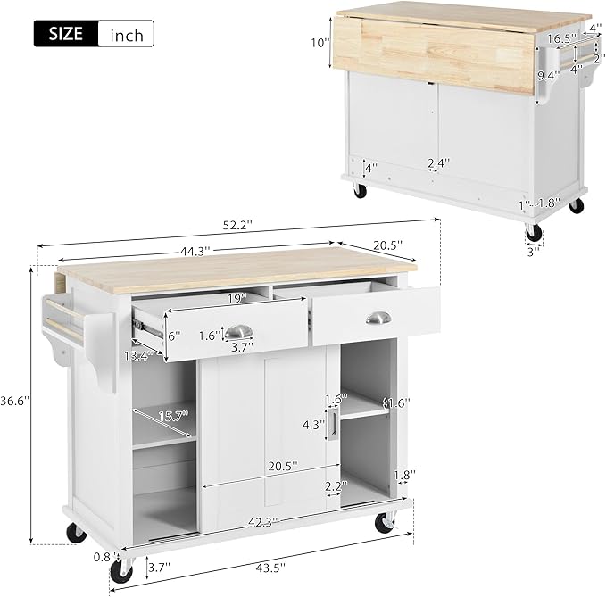 Kitchen Cart with Rubber Wood Drop-Leaf Countertop and Sliding Barn Door, Rolling Mobile Kitchens Island on Wheels w/Storage and Towel Rack for Dining Room Kitchen - LeafyLoom