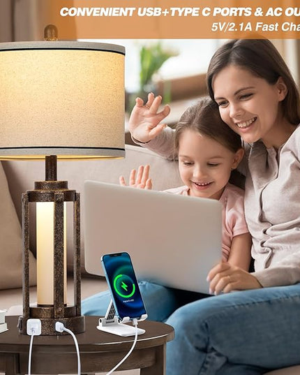 26" Farmhouse Table Lamps Set of 2, Vintage Rustic Industrial Beside Lamps with USB A+C Charging Ports & AC Outlet, Nightstand Lamp with Glass Night Light & Linen Fabric Shade for Living Room Bedrooms - LeafyLoom