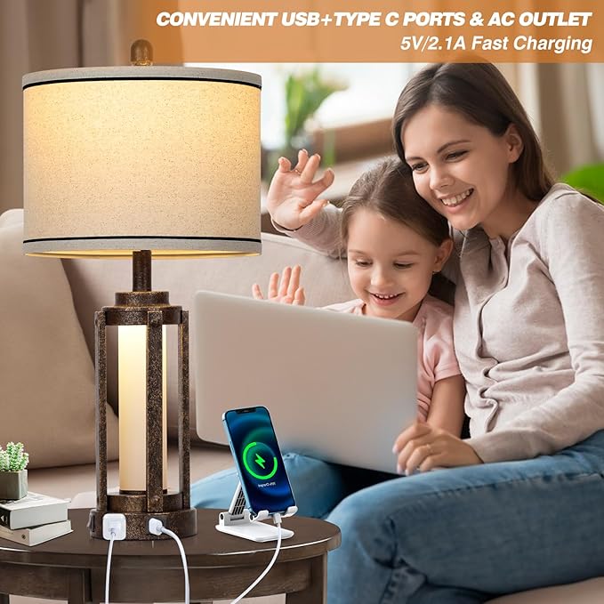 26" Farmhouse Table Lamps Set of 2, Vintage Rustic Industrial Beside Lamps with USB A+C Charging Ports & AC Outlet, Nightstand Lamp with Glass Night Light & Linen Fabric Shade for Living Room Bedrooms - LeafyLoom