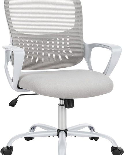 SMUG Office Computer Desk Ergonomic Mid-Back Mesh Rolling Work Swivel Task Chairs with Wheels, Comfortable Lumbar Support, Comfy Arms, Grey - LeafyLoom
