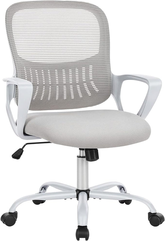 SMUG Office Computer Desk Ergonomic Mid-Back Mesh Rolling Work Swivel Task Chairs with Wheels, Comfortable Lumbar Support, Comfy Arms, Grey - LeafyLoom