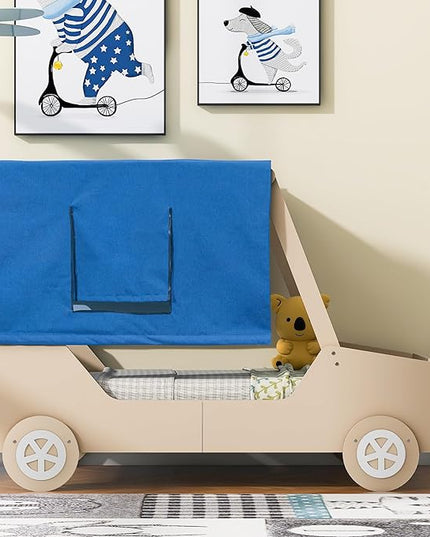 Twin Size Race Jeep Car Bed Platform Bed with Tent Canopy and Wheels,Wood Bed Frame W/Raised Bed Design,for Kids Boys Girls Teens,White+Natural - LeafyLoom