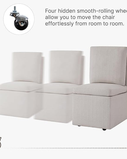 Upholstered Dining Chair with Casters Armless Modern Rolling Design for Diningroom Bedroom Livingroom Reading Room, Set of 2, Linen - LeafyLoom