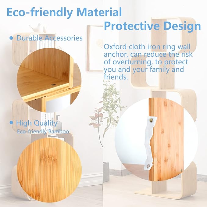 4-Tier S-Shaped Geometric Modern Bamboo Bookshelf, Large Capacity Creative Display Curved Rack Free-standing Bedside Table 2 in 1 Bookcase Storage CDs, DVDs Book Shelf for Home, Office, Living Room - LeafyLoom