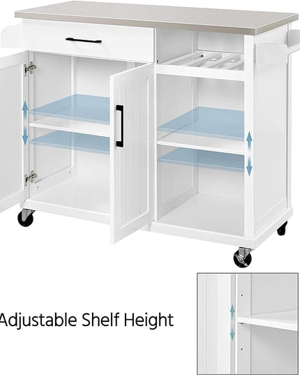 Yaheetech Kitchen Island Cart with Stainless Steel Top, Rolling Storage Cabinet on Wheels with Drawer& Wine Rack & Spice Rack, Sideboard Buffet with Towel Bar, White - LeafyLoom