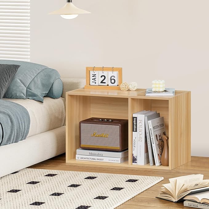 LEYAOYAO 2 Cube Bookshelf,Natural Record Player Stand Holds up to 100 Albums, Mini Wood Book Shelf Storage Organizer,Turntable Stand with Vinyl Storage Cabinet, Narrow Open Bookcase for Small Spaces - LeafyLoom