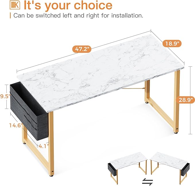 ODK Computer Desk Large Office Desk, 48 Inch Writing Desk with Storage, Modern PC Desk Work Table with Headphone Hook for Home Office, White Marble + Gold Leg - LeafyLoom