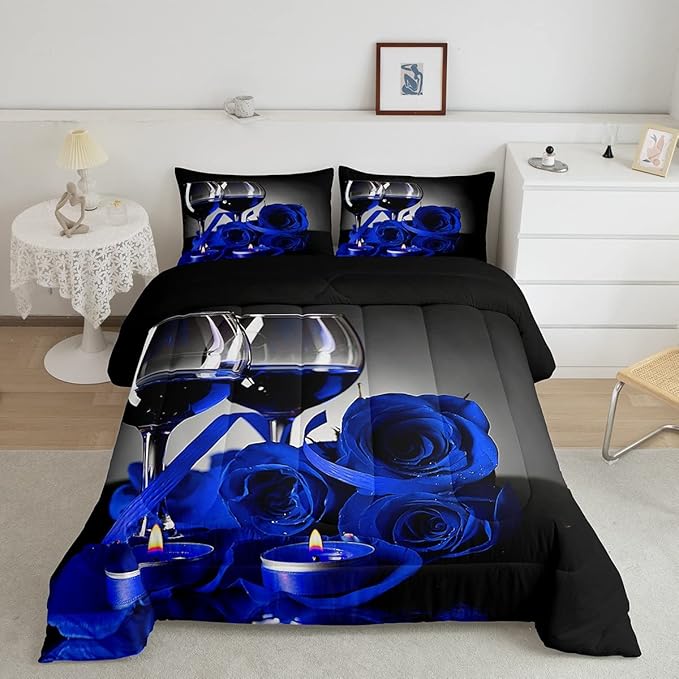 Erosebridal Rose Floral Bedding Set Full 3D Blue Rose Wine Glass Comforter Set for Women Men Adult Romantic Valentine's Day Blossom Quilt Set Banquet Flower Duvet Set, Black Gray Down Comforter - LeafyLoom