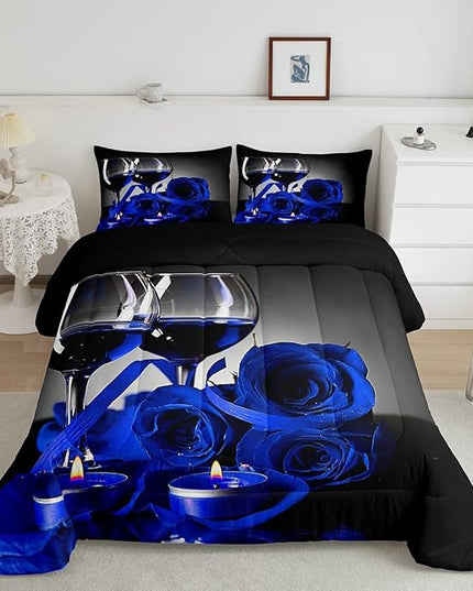 Blue Rose Comforter for Girls Boys Romantic 3D Rose Bedding Set King Wine Glass Blossom Floral Quilt Set Women Men Adult Gray Black Duvet Insert, Flower Petals Valentine's Day Bedding Comforter Sets - LeafyLoom