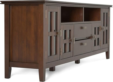 SIMPLIHOME Artisan SOLID WOOD Universal TV Media Stand, 72 inch Wide, Contemporary, Living Room Entertainment Center, Storage Cabinet, for Flat Screen TVs up to 80 inches in Russet Brown - LeafyLoom