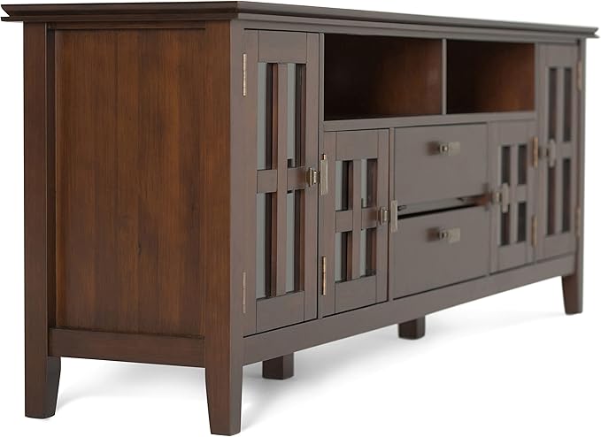 SIMPLIHOME Artisan SOLID WOOD Universal TV Media Stand, 72 inch Wide, Contemporary, Living Room Entertainment Center, Storage Cabinet, for Flat Screen TVs up to 80 inches in Russet Brown - LeafyLoom