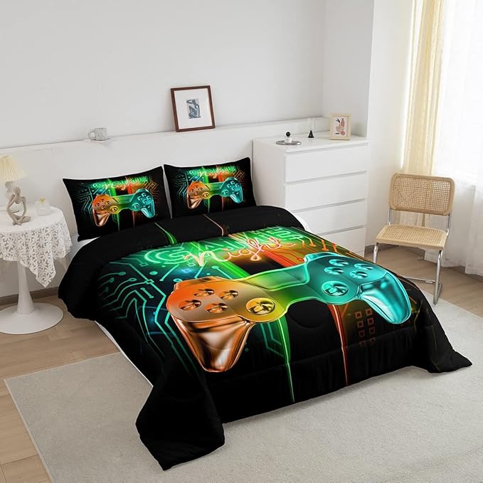 Feelyou Gamer Comforter Kids Gaming Video Game Comforter Set for Boys Teens Noverlty Modern Gamepad Bedding Set Breathable Gamer Console Bedding Duvet Set Bright Orange Green Room Decor Queen Size - LeafyLoom