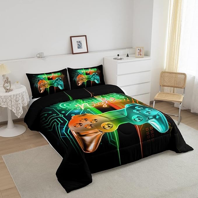 Feelyou Gamer Comforter Kids Gaming Video Game Comforter Set for Boys Teens Noverlty Modern Gamepad Bedding Set Breathable Gamer Console Bedding Duvet Set Bright Orange Green Room Decor Twin Size - LeafyLoom