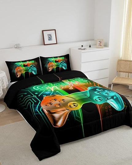 Gamer Comforter Kids Gaming Video Game Comforter Set for Boys Teens Noverlty Modern Gamepad Bedding Set Breathable Gamer Console Bedding Duvet Set Bright Orange Green Room Decor Full Size - LeafyLoom