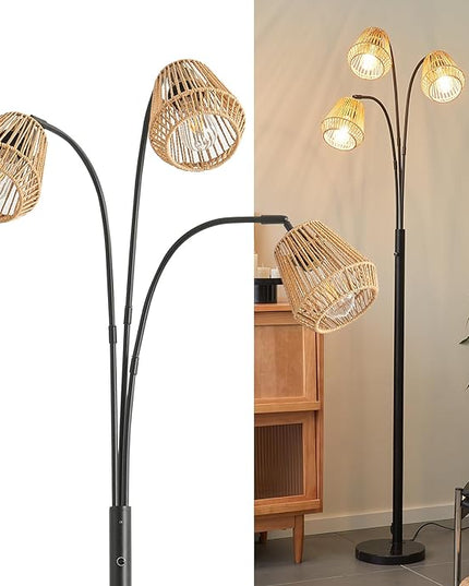 Boho Floor Lamp for Living Room, 72 Inch Tall Rattan Floor Lamp with Rotary Switch, 3-Lights Arched Floor Lamp with Rattan Shade for Coastal,Bohemian,Rustic ,Farmhouse Tree Standing Lamp for Bedroom - LeafyLoom