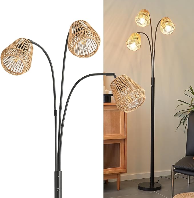 Boho Floor Lamp for Living Room, 72 Inch Tall Rattan Floor Lamp with Rotary Switch, 3-Lights Arched Floor Lamp with Rattan Shade for Coastal,Bohemian,Rustic ,Farmhouse Tree Standing Lamp for Bedroom - LeafyLoom