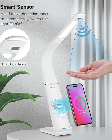 LED Desk Lamp with USB Charging Port, 10W wireless charger, Stepless dimmable, 3 Color Modes, Desk Lights for Home Office, Office Desk Lamp Eye Caring Reading Light, Gesture Control Table Lamp - LeafyLoom