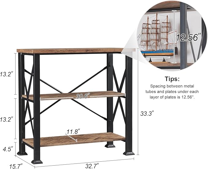 HOMBAZAAR Bookshelf, 3-Tier Industrial Bookshelf, Etagere Bookcases and Bookshelves, Small Bookshelf Storage Organizer, Freestanding Bookshelf for Living Room, Bedroom and Home Office, Brown - LeafyLoom