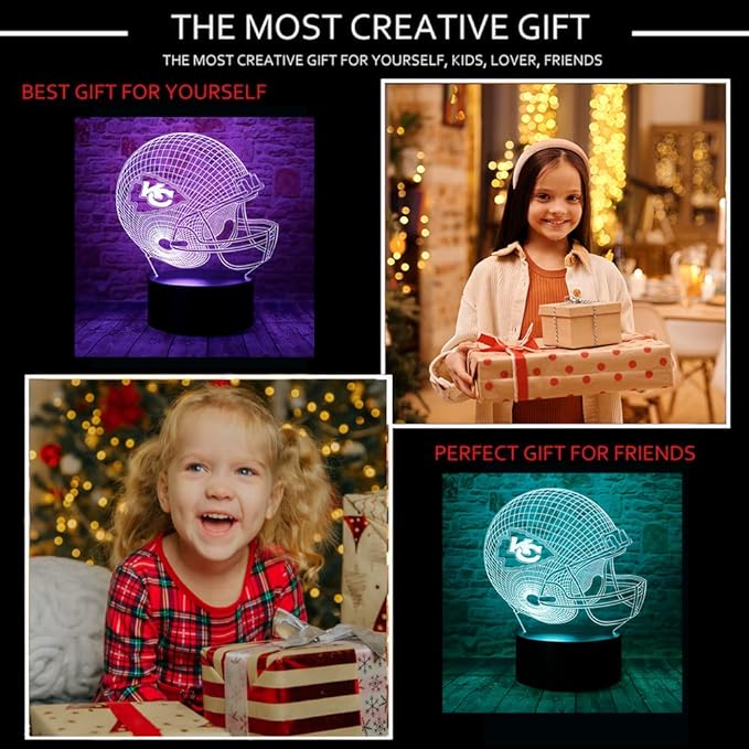 chenshiyan Cartoon Chiefs Football Helmet 3D Optical Illusion LED Bedroom Decor Sleep Table Lamp with Remote 7 Colors Night Light Birthday Xmas Gifts for Kids Boy Girl KC Men Women 2 - LeafyLoom