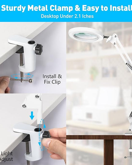 10X Magnifying Glass with Light, Flexible Arm Magnifier Lamp, 3 Color Modes & Stepless Dimming Magnifying Lamp with Clamp, Hands Free Lighted Magnifying Glass for Hobby Craft Workbench-White - LeafyLoom