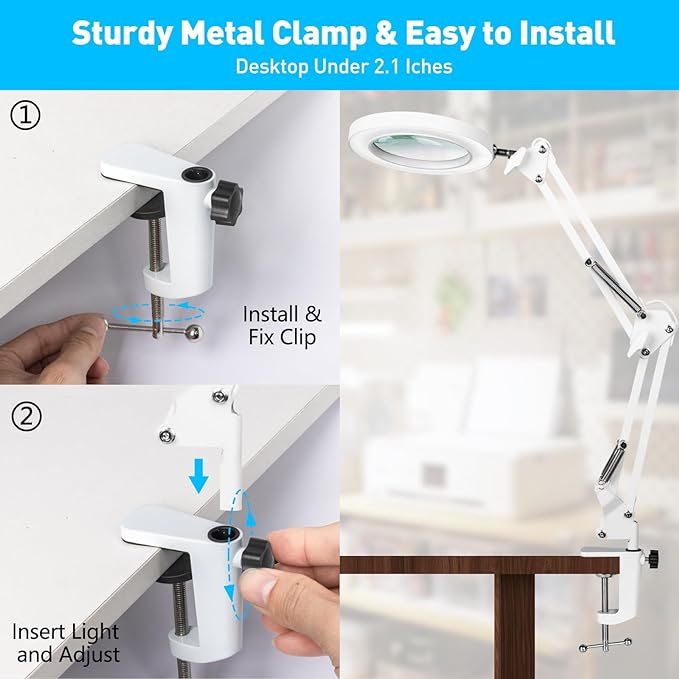 10X Magnifying Glass with Light, Flexible Arm Magnifier Lamp, 3 Color Modes & Stepless Dimming Magnifying Lamp with Clamp, Hands Free Lighted Magnifying Glass for Hobby Craft Workbench-White - LeafyLoom
