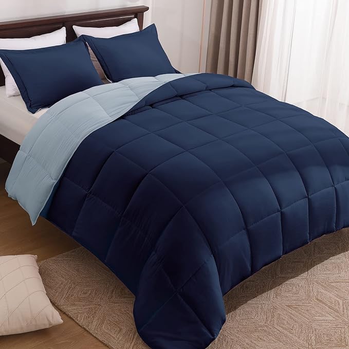 Basic Beyond King Size Comforter Set - Fluffy King Bed Comforter Set for All Seasons - Reversible Blue Comforter Set King - 3 Pieces (1 Comforter + 2 Pillow Shams) - Blue/Sapphire - LeafyLoom