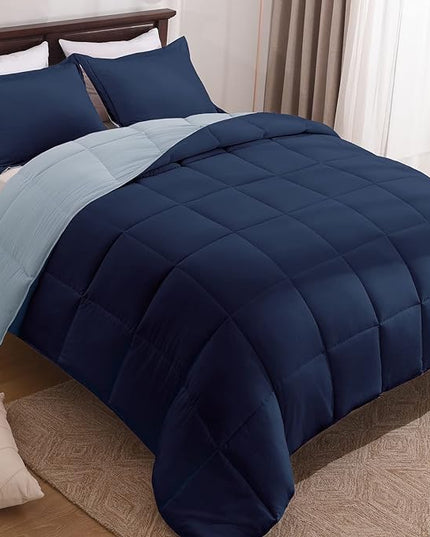 Basic Beyond Queen Comforter Set - Fluffy Comforter Queen Set for All Seasons - Reversible Blue Comforter Set Queen for Mens - 3 Pieces (1 Comforter + 2 Pillow Shams) - Blue/Sapphire - LeafyLoom