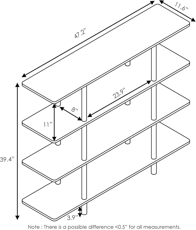 Furinno 5-Tier Round Tube Shelf and 4-Tier Wide Display Shelf, French Oak Grey/Black - LeafyLoom