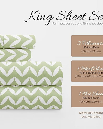 Linen Market 4 Piece King Bedding Sheet Set (Sage Chevron) - Sleep Better Than Ever with These Ultra-Soft & Cooling Bed Sheets for Your King Size Bed - Deep Pocket Fits 16" Mattress - LeafyLoom