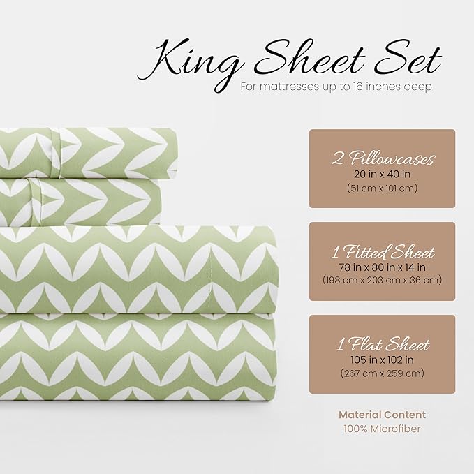 Linen Market 4 Piece King Bedding Sheet Set (Sage Chevron) - Sleep Better Than Ever with These Ultra-Soft & Cooling Bed Sheets for Your King Size Bed - Deep Pocket Fits 16" Mattress - LeafyLoom
