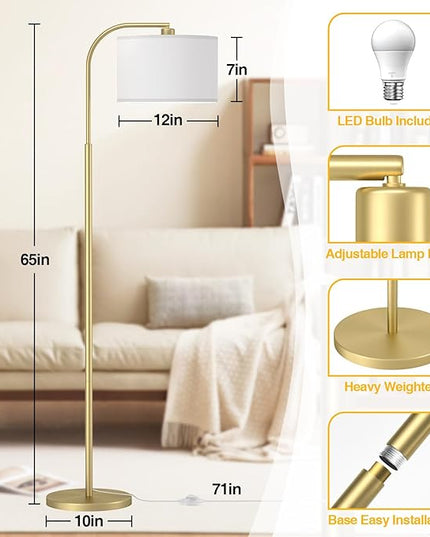 Arc Floor Lamps for Living Room with 3 Color Temperatures, Modern Floor Lamp Reading Light with 9W Bulb Included, Standing Lamp with Adjustable White Hanging ‎Lampshade for Bedroom Office(Gold) - LeafyLoom