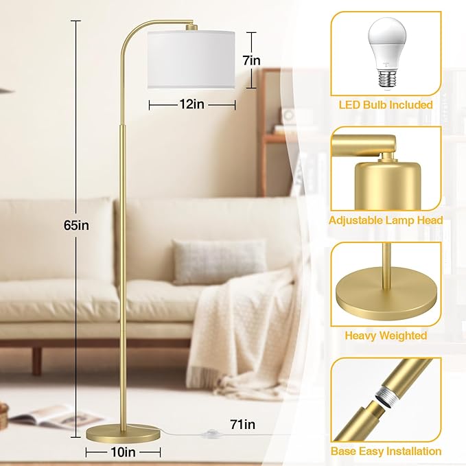 Arc Floor Lamps for Living Room with 3 Color Temperatures, Modern Floor Lamp Reading Light with 9W Bulb Included, Standing Lamp with Adjustable White Hanging ‎Lampshade for Bedroom Office(Gold) - LeafyLoom