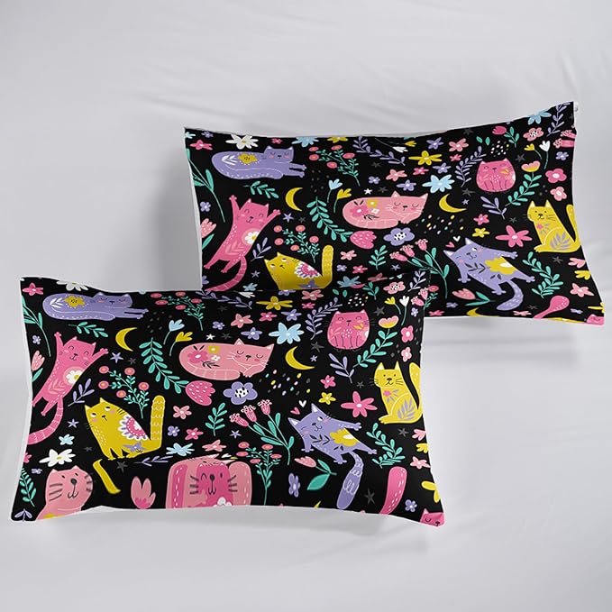 Floral Cat Comforter Full Size,Black Cats Comforter Set for Kids Teens Girls,3Pcs Bedding Set Printed Comforter with 2 Pillowcases,Down Alternative,Soft and Lightweight(Black，Full Size) - LeafyLoom