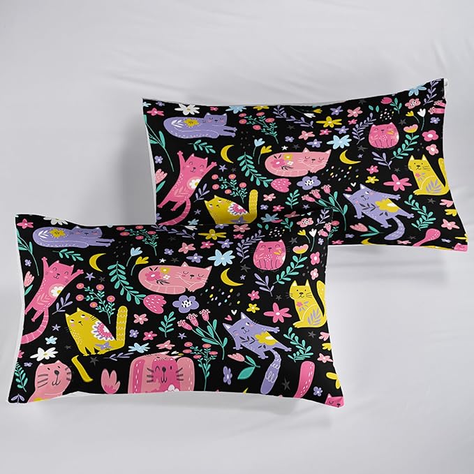 Floral Cat Comforter King Size,Black Cats Comforter Set for Kids Teens Girls,3Pcs Bedding Set Printed Comforter with 2 Pillowcases,Down Alternative,Soft and Lightweight(Black，King Size) - LeafyLoom