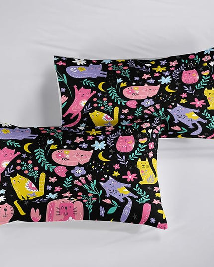 Floral Cat Comforter Twin Size,Black Cats Comforter Set for Kids Teens Girls,3Pcs Bedding Set Printed Comforter with 2 Pillowcases,Down Alternative,Soft and Lightweight(Black，Twin Size) - LeafyLoom