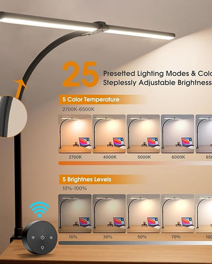 Double Head Desk Lamp LED Dimmable with Touch Remote Control, 80cm Architect Desk Light with Clamp, 24W Adjustable Gooseneck Office Light Monitor Light, 25 Lighting Modes for Study Reading, Black - LeafyLoom