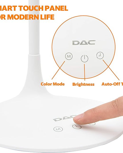 DAC LED Desk Lamp, Eye Care Table Lamp, 360 Degree Flexible Gooseneck, Continuously Dimmable, 3 Color Modes, Touch-Sensitive Control Panel, 40-Minute Auto Shut-Off Timer, White, 6W - LeafyLoom