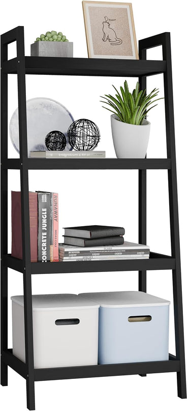 SMIBUY Bamboo Bookshelf, Bathroom Storage Rack Organizer, Plant Flower Display Stand Floor Standing with 4 Tier Open Shelves and Handles (Black) - LeafyLoom