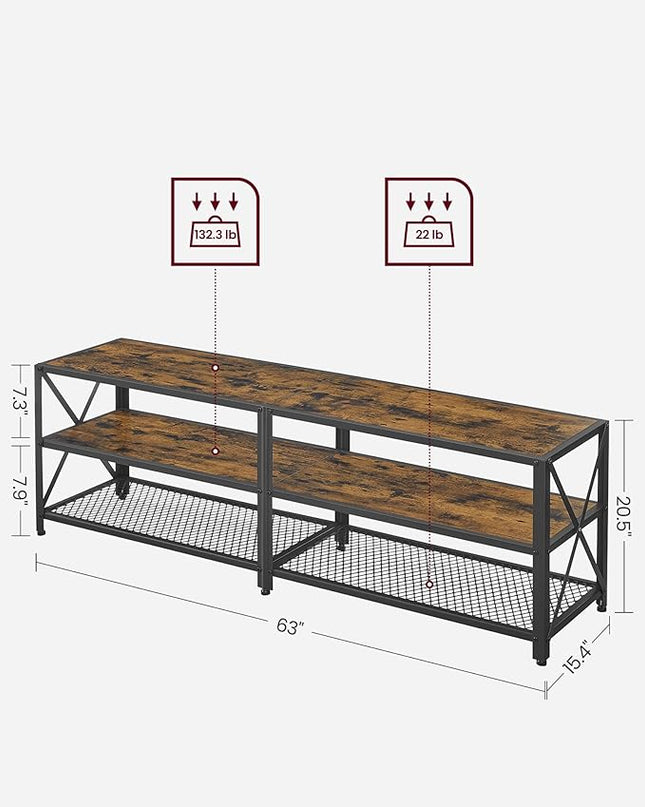 VASAGLE TV Stand, TV Console for TVs Up to 70 Inches, TV Table, 63 Inches Width, TV Cabinet with Storage Shelves, Steel Frame, for Living Room, Bedroom, Rustic Brown and Black ULTV095B01 - LeafyLoom