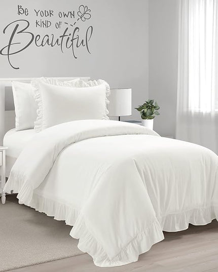 Lush Decor Reyna Ruffle 100% Cotton Duvet Cover Set - 2 Piece Cozy Ruffled Bedding Set - Timeless Elegance and Comfort For Teen or Dorm Room- Twin XL, White - LeafyLoom