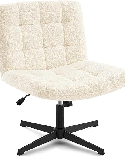 Furniliving Home Office Desk Chair No Wheels, Criss Cross Legged Wide Chair Armless Height Adjustable Chair with Mid Back Swivel Accent Vanity Chairs, Sherpa-IvoryWhite - LeafyLoom