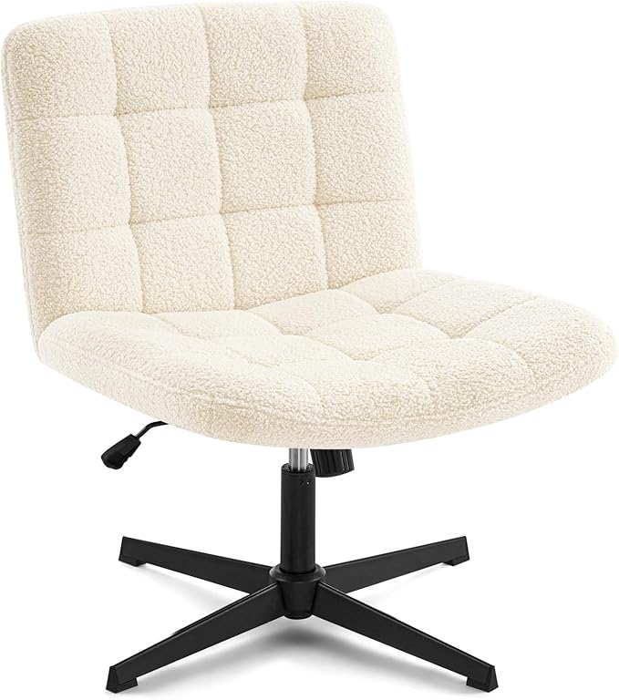 Furniliving Home Office Desk Chair No Wheels, Criss Cross Legged Wide Chair Armless Height Adjustable Chair with Mid Back Swivel Accent Vanity Chairs, Sherpa-IvoryWhite - LeafyLoom