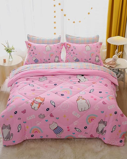 Pink Cats Comforter Set Twin Size for Girls Kids Teens 7 Piece Cute Animal Fish Butterfly Bed in A Bag Cartoon Rainbow Star Sun Heart Bedding Set All Season Lightweight - LeafyLoom