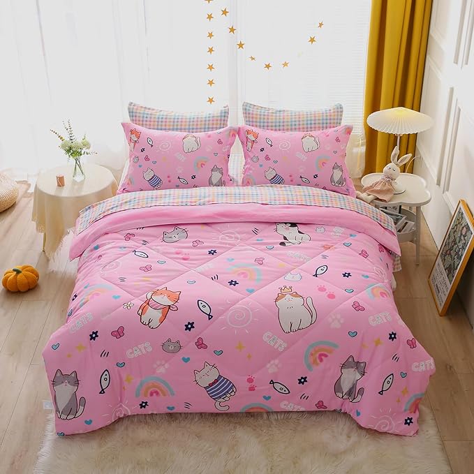Pink Cats Comforter Set Twin Size for Girls Kids Teens 7 Piece Cute Animal Fish Butterfly Bed in A Bag Cartoon Rainbow Star Sun Heart Bedding Set All Season Lightweight - LeafyLoom