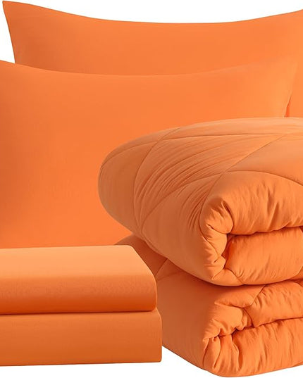 NTBAY Twin Comforter Set with Sheets, 5 Pieces Soft and Breathable Twin Bedding Set, Twin Bed in a Bag, Down Alternative Comforter Set Solid Color All Season, Kids Bedding Set, Orange - LeafyLoom