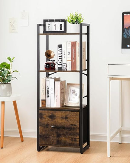 Yoobure Bookshelf, 4 Tier Book Shelf with Drawer, Small Bookcase Narrow Book Case, Industrial Bookshelves Shelf for Bedroom Living Room Office, Book Storage Organizer for CD/Movie Rustic Brown - LeafyLoom